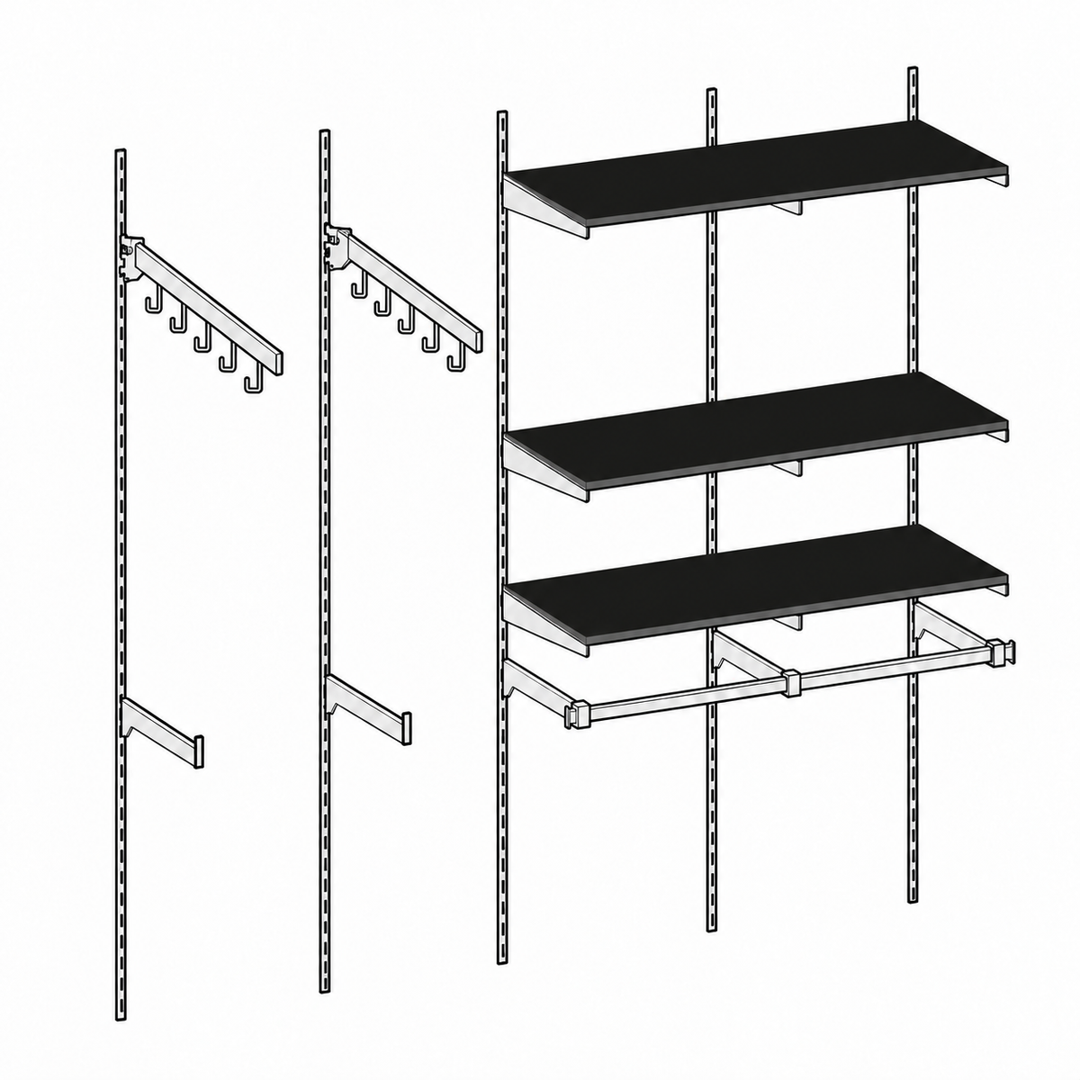 Heavy Duty Wall Display Combo with five 7ft chrome standards, two five-hook waterfalls, two straight faceouts and three black melamine shelves