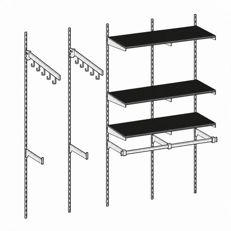Heavy Duty Wall Display Combo with five 7ft chrome standards, two five-hook waterfalls, two straight faceouts and three black melamine shelves