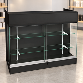 4-foot black ledgetop counter with glass front in a retail store