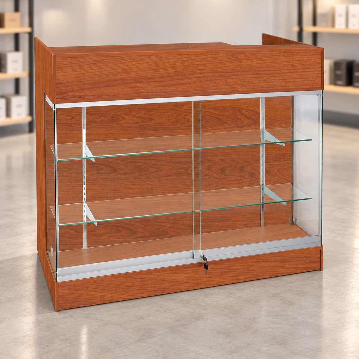 4ft-cherry ledgetop counter with glass front in a retail store