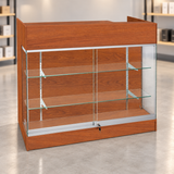 4ft-cherry ledgetop counter with glass front in a retail store