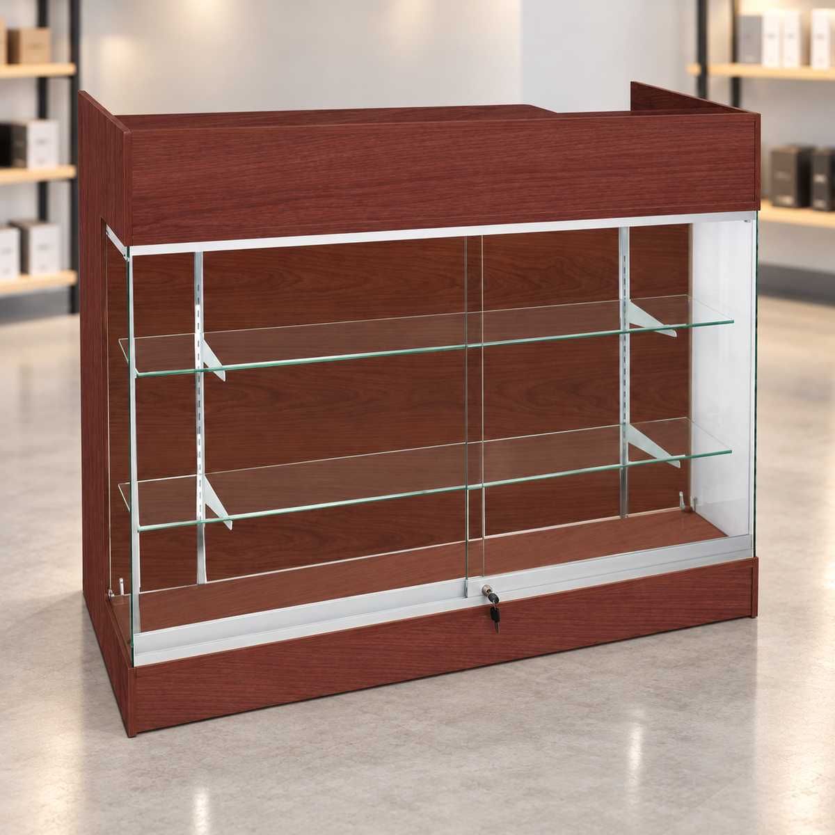 4ft-walnut ledgetop counter with glass front in a retail store