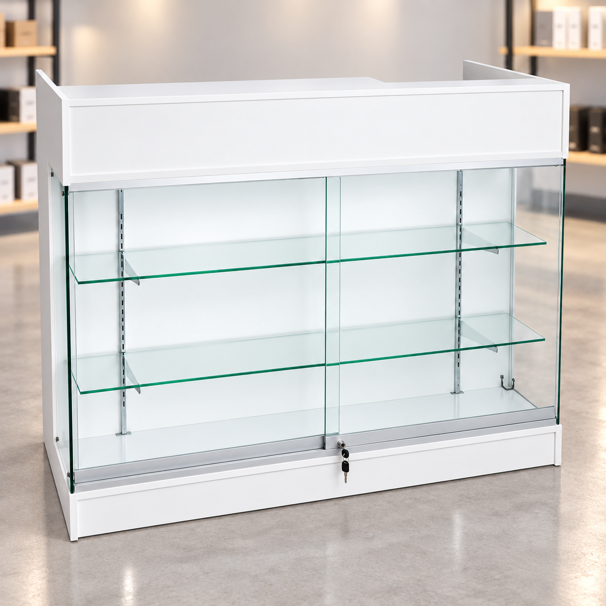 4-foot white ledgetop counter with glass front in a retail store