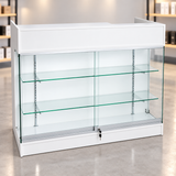 4-foot white ledgetop counter with glass front in a retail store