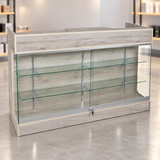 6-foot Barnwood ledgetop counter with glass front in a retail store