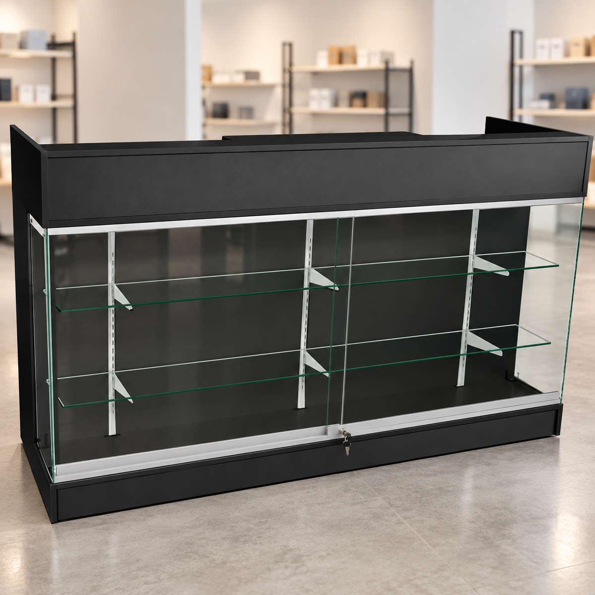 6-foot black ledgetop counter with glass front in a retail store