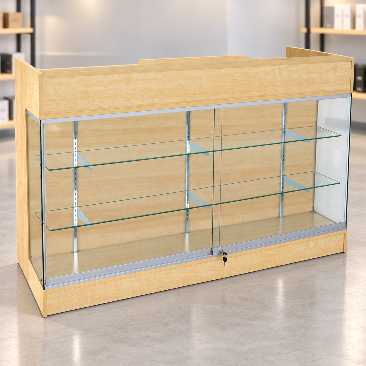 6-foot maple ledgetop counter with glass front in a retail store