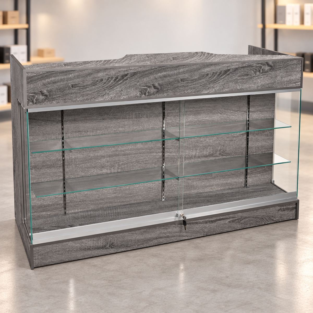 6-foot Rustic Gray ledgetop counter with glass front in a retail store