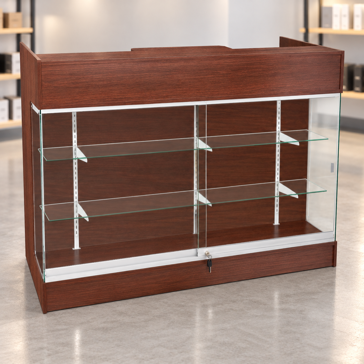 6-foot walnut ledgetop counter with glass front in a retail store