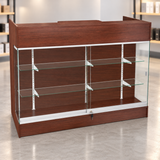 6-foot walnut ledgetop counter with glass front in a retail store