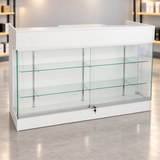 6-foot white ledgetop counter with glass front in a retail store