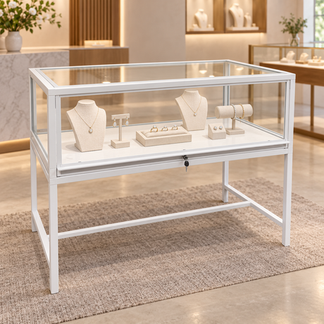 Luxury 4ft Retail Showcase in white displayed in an upscale jewelry store