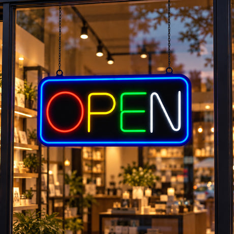 Neon Open Sign displayed in a storefront window