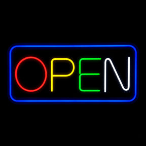 Neon Open Sign with multicolor lettering and a blue border