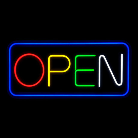 Neon Open Sign with multicolor lettering and a blue border