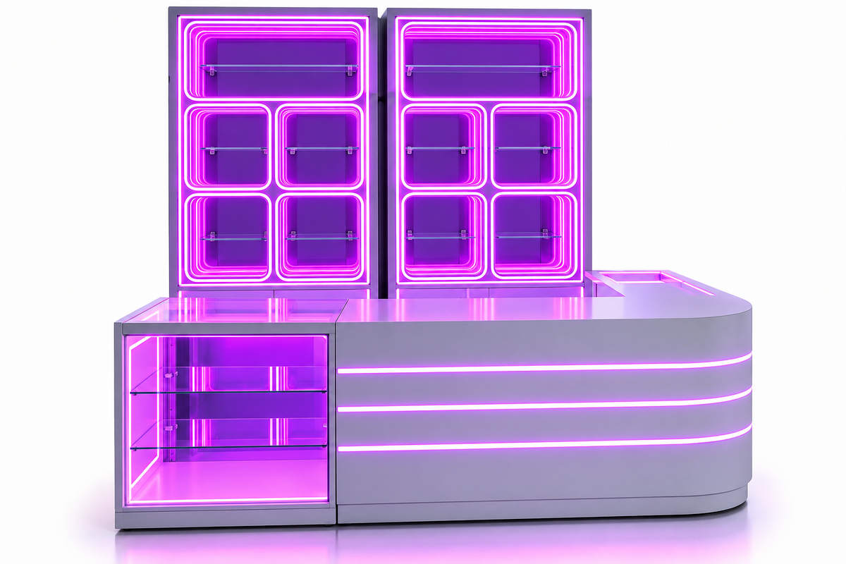 Silver display cases with purple LED lighting