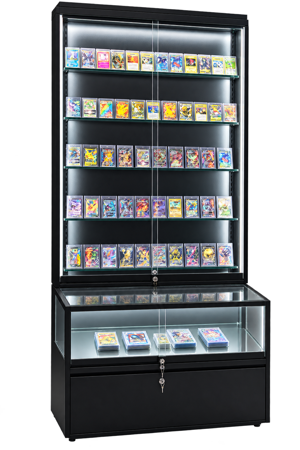 Tall black trading card display cabinet