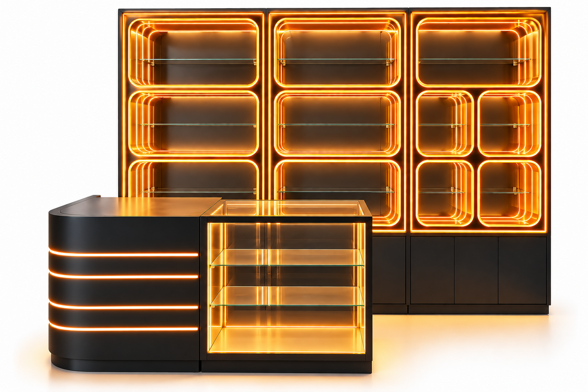 Black display cases with amber LED lighting