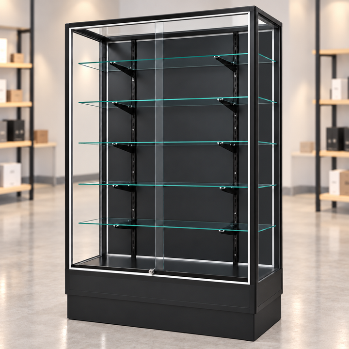 Black Radius Edge Retail Wallcase with solid black backing in a retail store