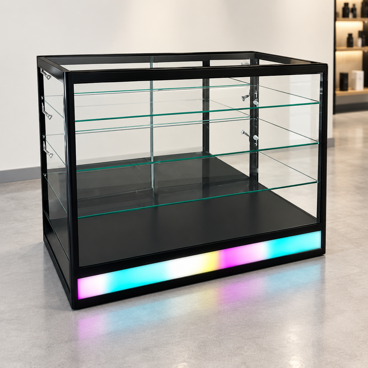 4 ft Radius Edge Retail Showcase with RGB Chasing Lights in a simple store setting