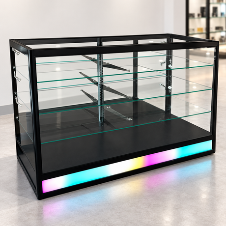 6 ft Radius Edge Retail Showcase with RGB Chasing Lights in a simple store setting