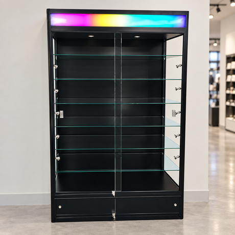 Radius Edge Retail Wallcase with RGB Chasing Lights in a simple store setting
