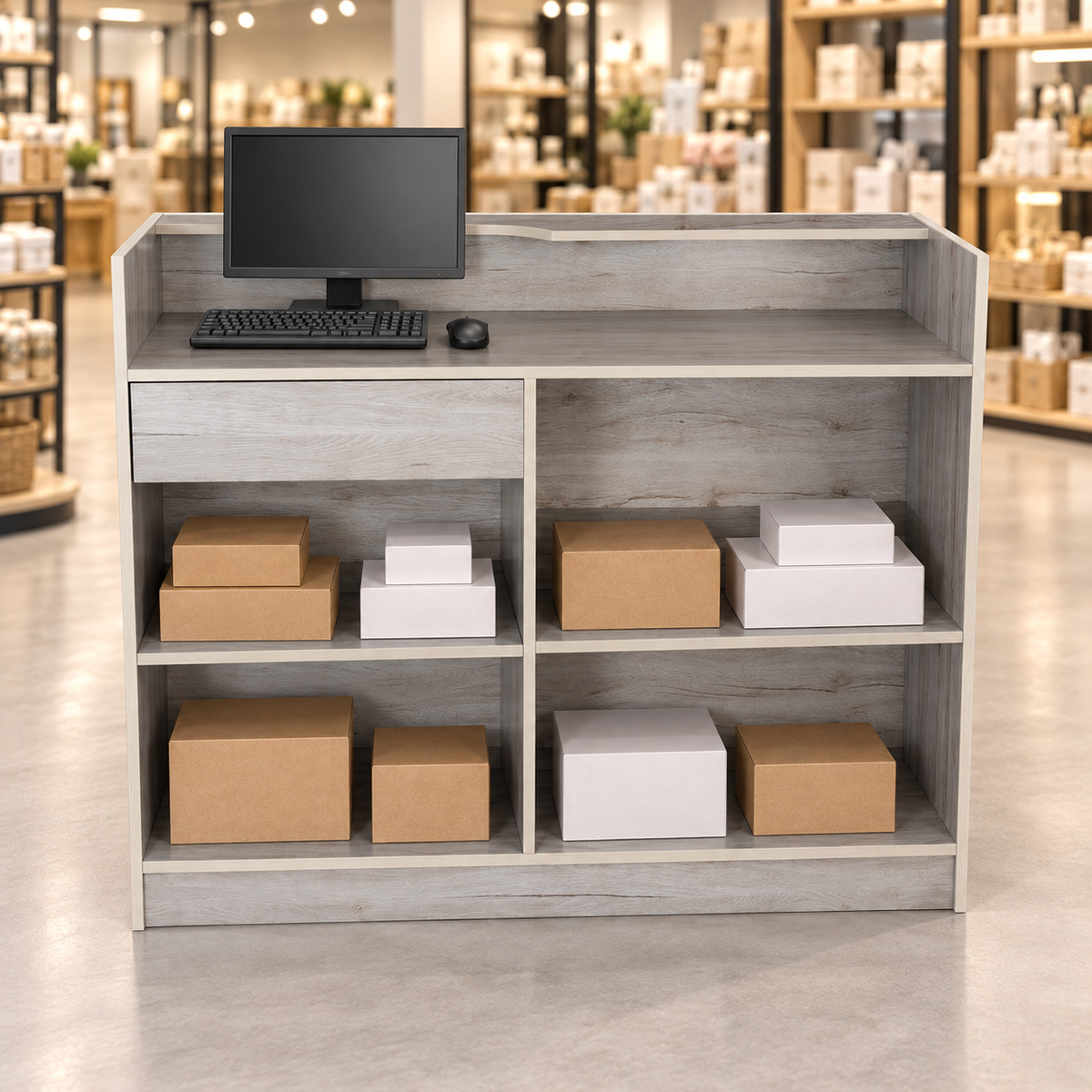 Retail Ledgetop Counter – Barnwood, 4 ft, back view with inventory boxes and computer above drawer