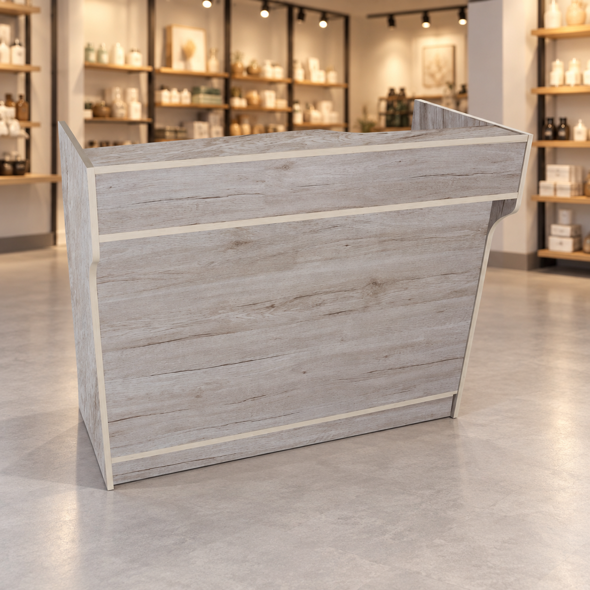 Retail Ledgetop Counter – Barnwood, 4 ft, front view in a retail store