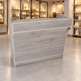 Retail Ledgetop Counter – Barnwood, 4 ft, front view in a retail store
