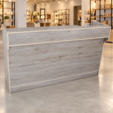 Retail Ledgetop Counter – Barnwood, 6 ft, front view in a retail store