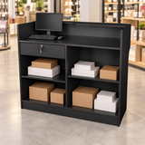 Retail Ledgetop Counter – Black, 4 ft, back view with inventory boxes and computer above drawer