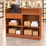 Retail Ledgetop Counter – Cherry, 4 ft, back view with inventory boxes and computer above drawer
