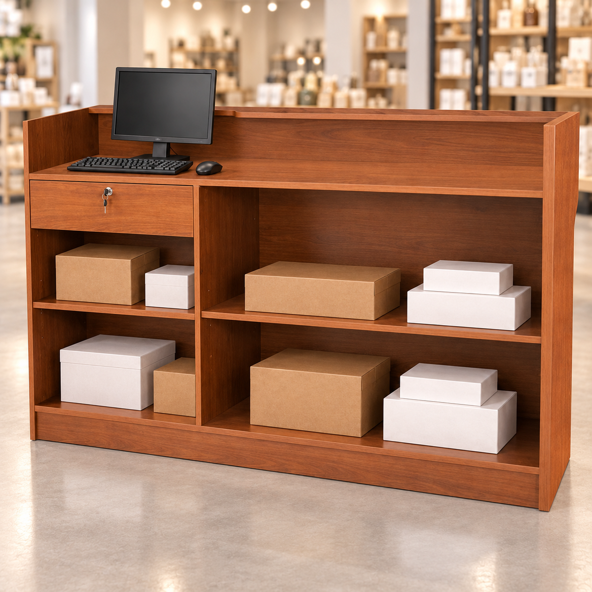 Retail Ledgetop Counter – Cherry, 6 ft, back view with inventory boxes and computer above drawer