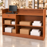 Retail Ledgetop Counter – Cherry, 6 ft, back view with inventory boxes and computer above drawer