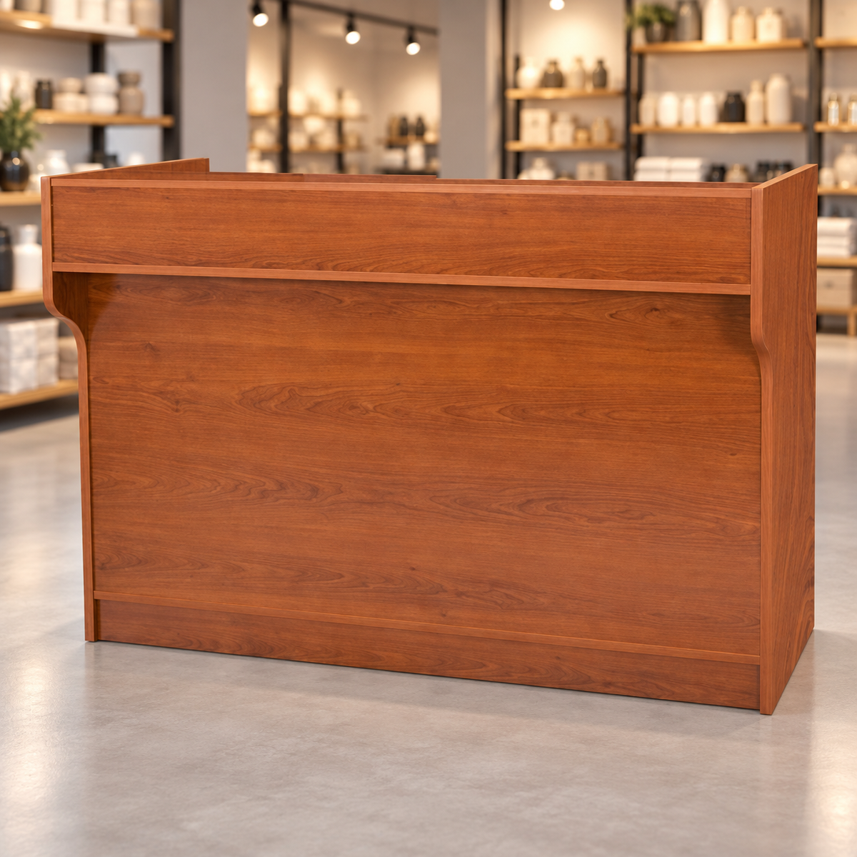 Retail Ledgetop Counter – Cherry, 6 ft, front view in a retail store