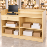 Retail Ledgetop Counter – Maple, 6 ft, back view with inventory boxes and computer above drawer
