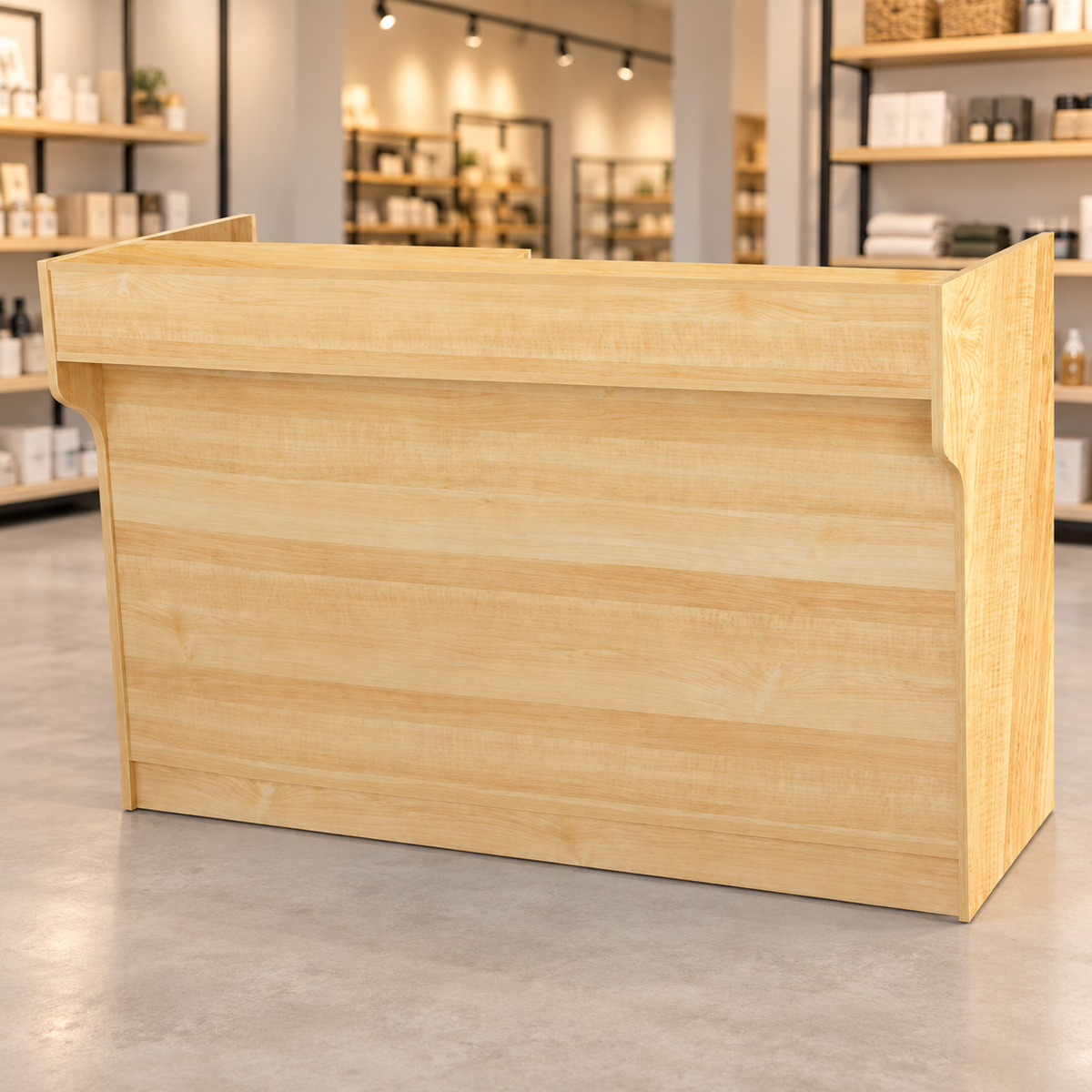 Retail Ledgetop Counter – Maple, 6 ft, front view in a retail store