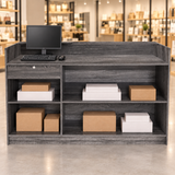 Retail Ledgetop Counter – Rustic Gray, 6 ft, back view with inventory boxes and computer above drawer