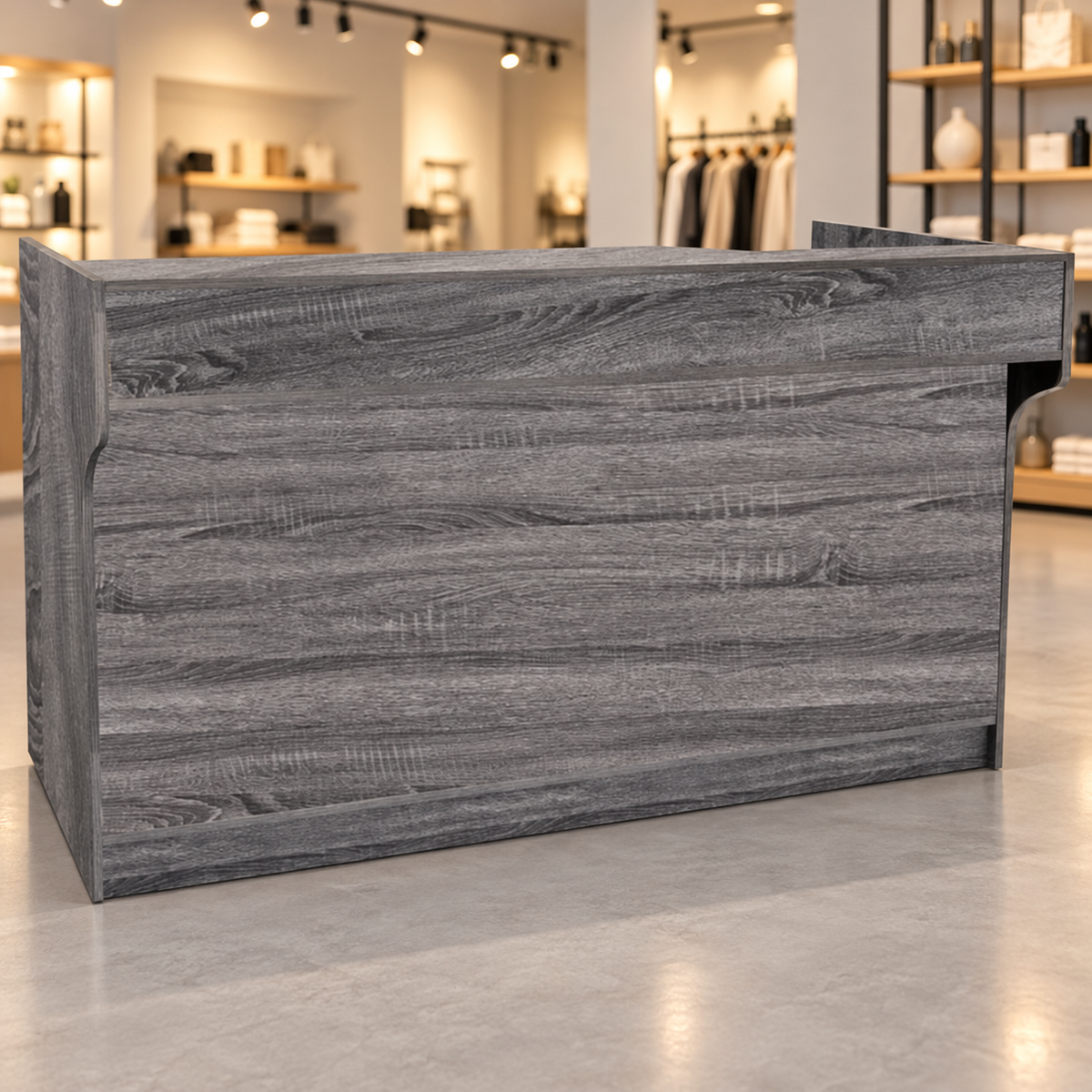 Retail Ledgetop Counter – Rustic Gray, 6 ft, front view in a retail store