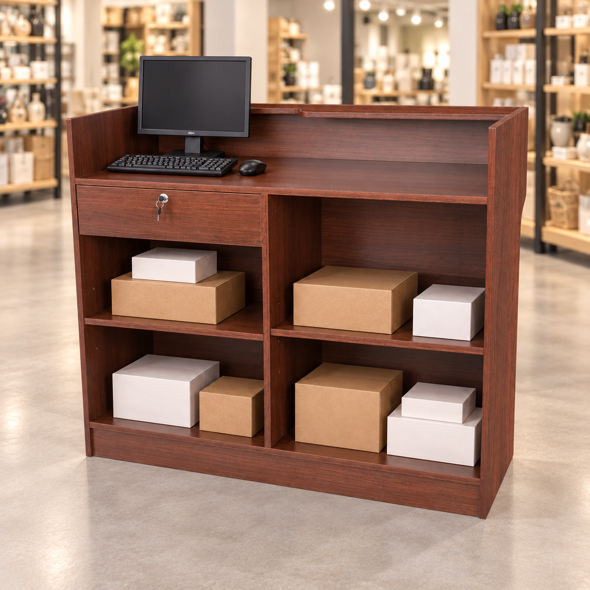 Retail Ledgetop Counter – Walnut, 4 ft, back view with inventory boxes and computer above drawer