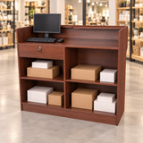 Retail Ledgetop Counter – Walnut, 4 ft, back view with inventory boxes and computer above drawer