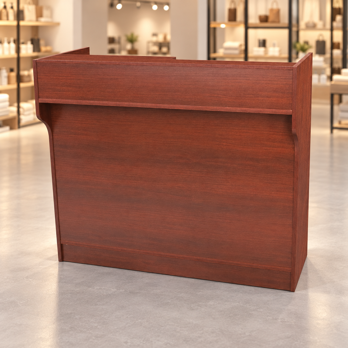 Retail Ledgetop Counter – Walnut, 4 ft, front view in a retail store