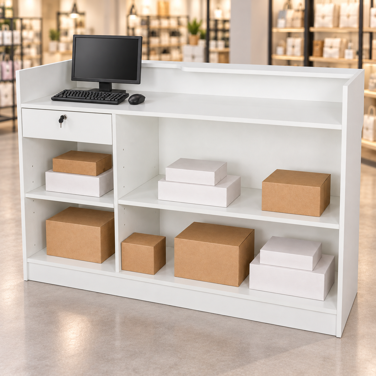 Retail Ledgetop Counter – White, 6 ft, back view with inventory boxes and computer above drawer