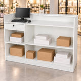 Retail Ledgetop Counter – White, 6 ft, back view with inventory boxes and computer above drawer