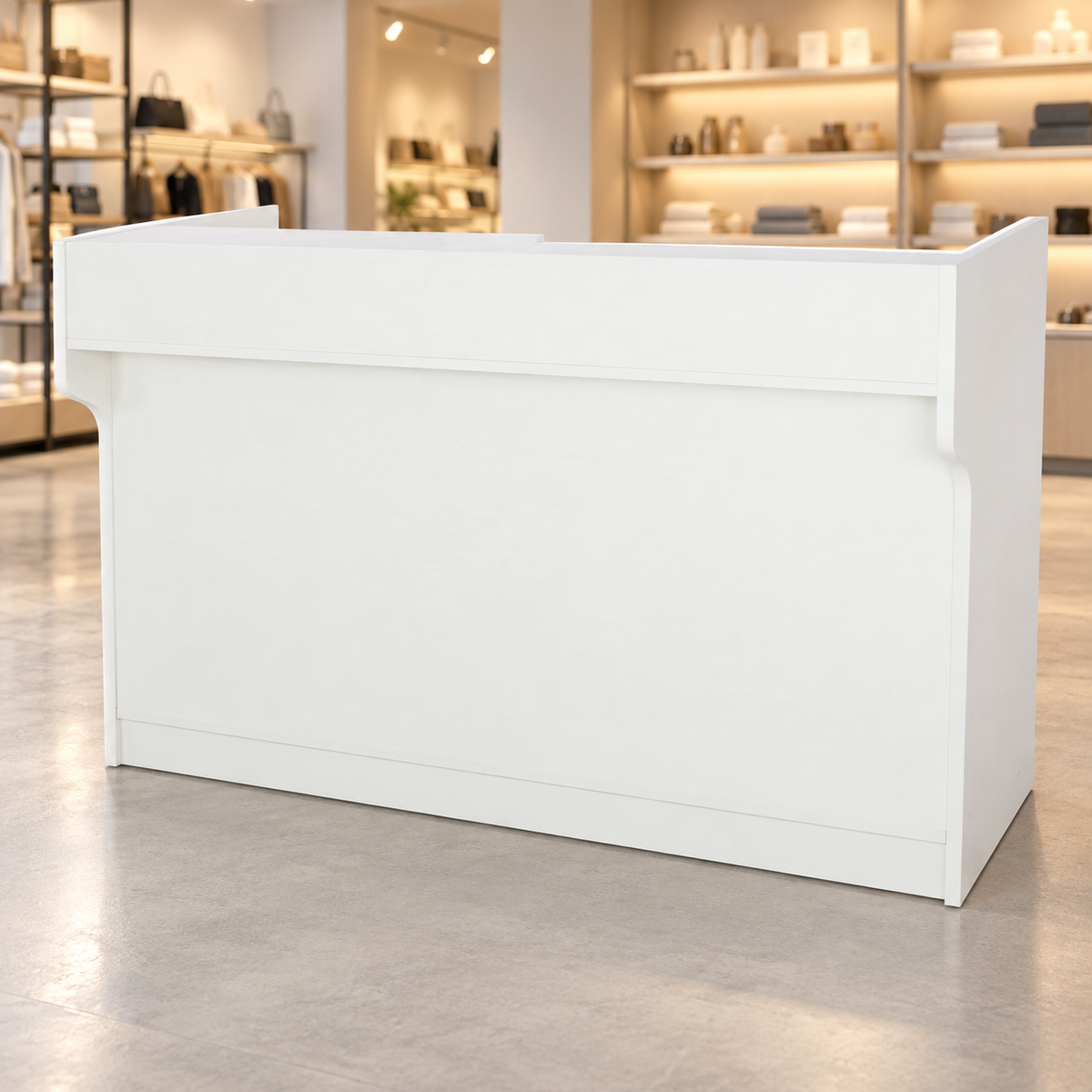 Retail Ledgetop Counter – White, 6 ft, front view in a retail store