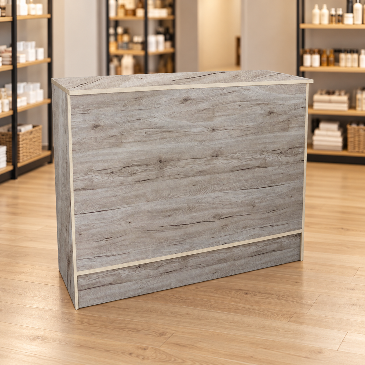 Barnwood 48" Retail Wrap Counter front view in a retail store