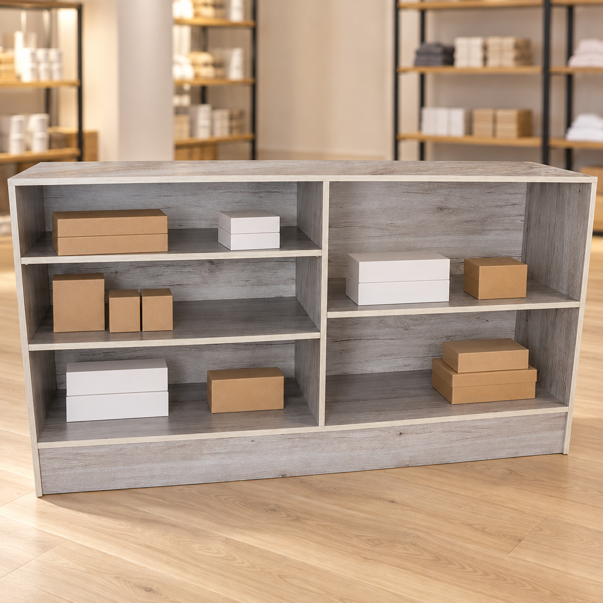 Barnwood 70" Retail Wrap Counter back view with plain inventory boxes in a retail store
