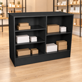 Black 48" Retail Wrap Counter back view with plain inventory boxes in a retail store