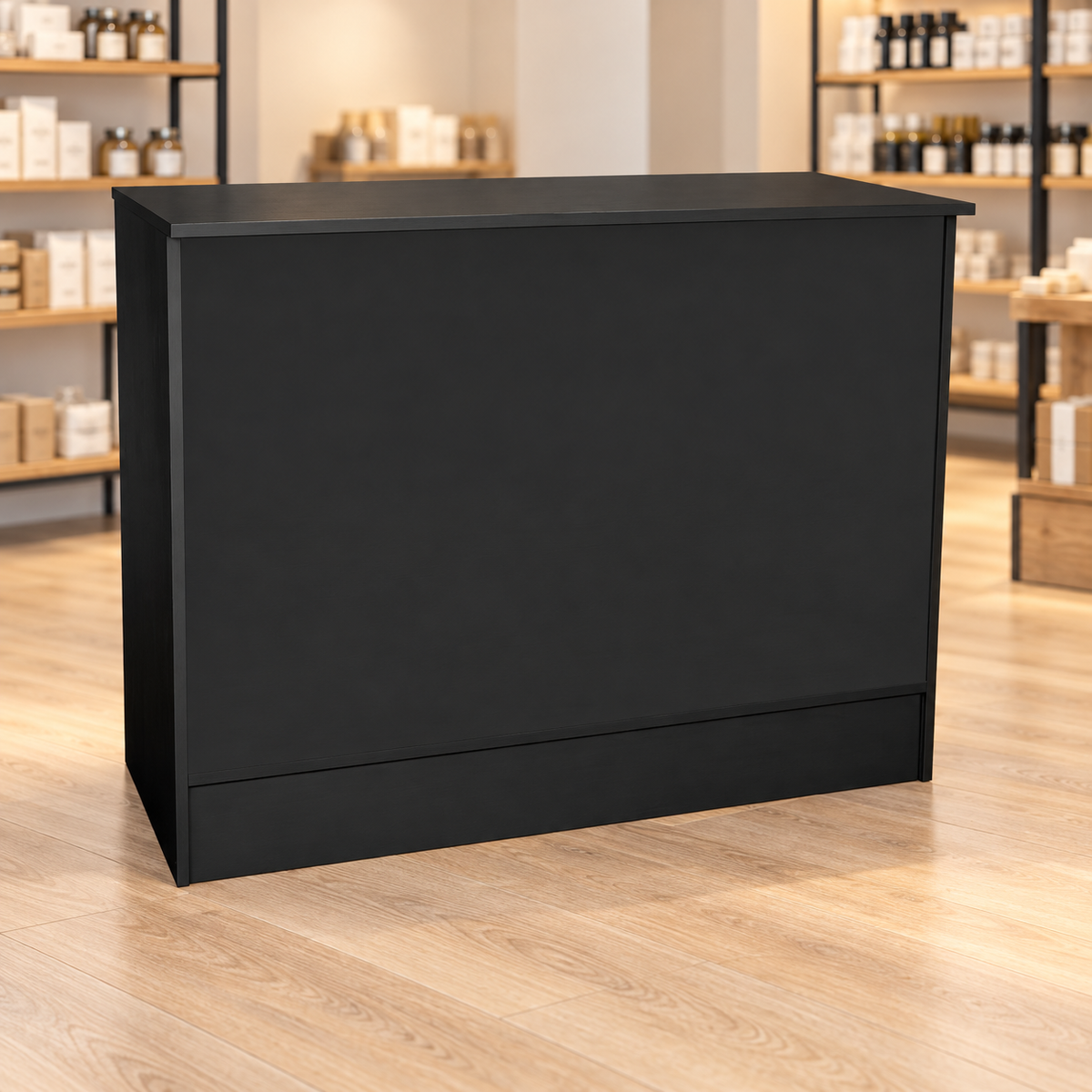 Black 48" Retail Wrap Counter front view in a retail store