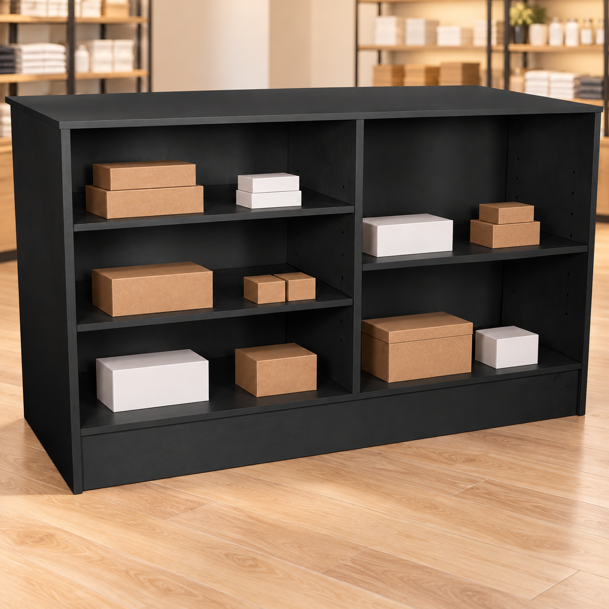 Black 70" Retail Wrap Counter back view with plain inventory boxes in a retail store